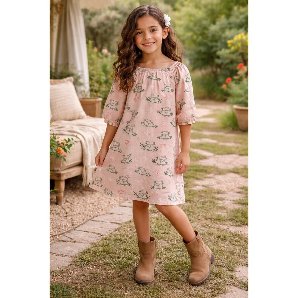 La Paloma Girls Cotton Horse Print Dress 8-9Y Pink Peasant Boho Holiday